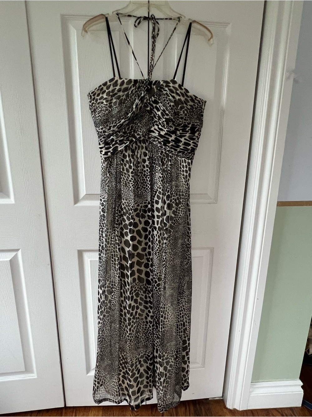Laundry By Shelli Segal Black & White Animal-Print Halter Maxi -SILK  Dress